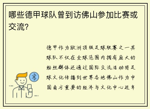 哪些德甲球队曾到访佛山参加比赛或交流？