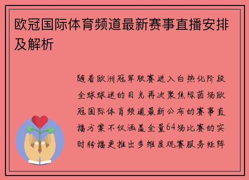 欧冠国际体育频道最新赛事直播安排及解析